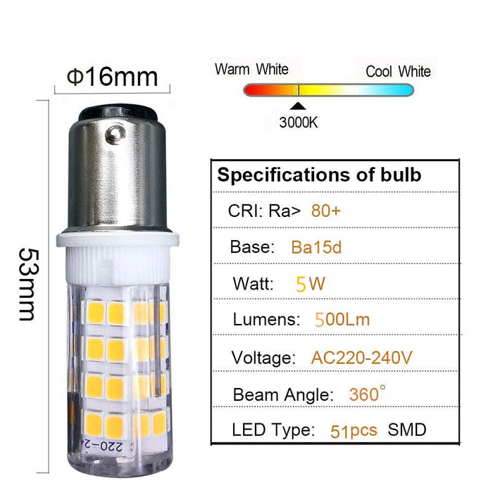 Ba15d żarówka LED do maszyny do szycia żarówka bagnetowa, AC220-240 V, ciepła biel, 3000 K, zamiennik halogenu 35 W, do maszyny do szycia (2 sztuki)