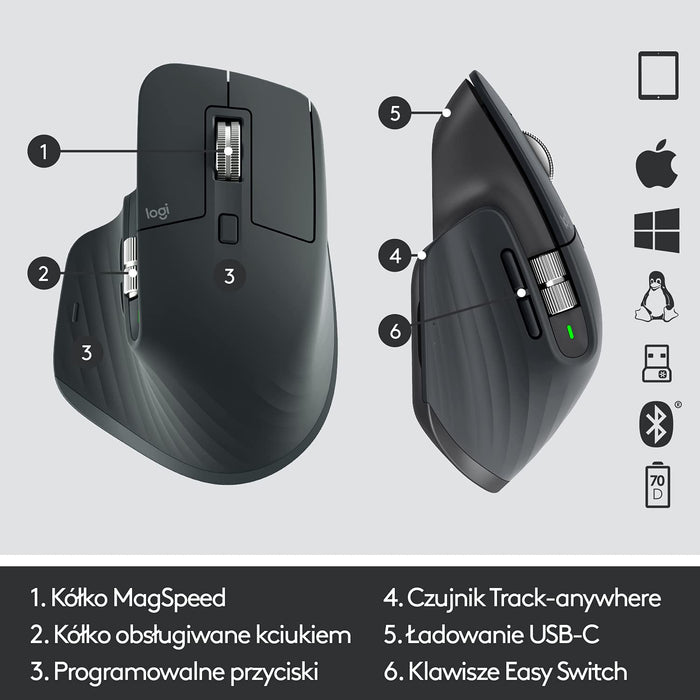 Logitech Mx Master 3 Advanced Wireless Mouse, Seria Master Firmy Logitech, Pc/Mac - Grafit,910-005694