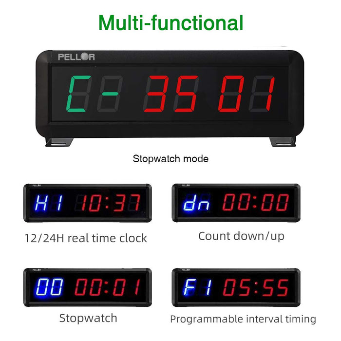 PELLOR Fitness Timer, Gym Timer, 6-cyfrowy zegar interwałowy LED, format czasu 12/24 godzin, stoper, zegar gimnastyczny z pilotem zdalnego sterowania (regulacja głośności)