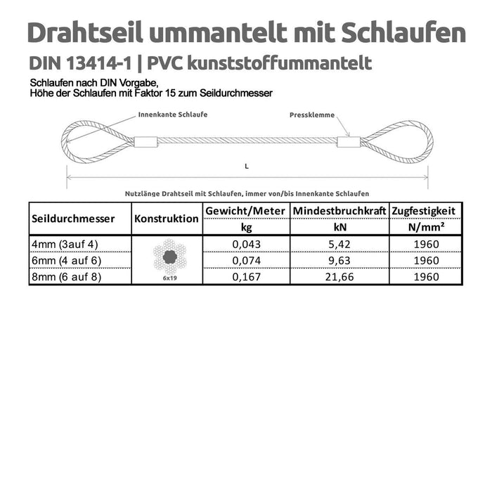 Drahtseile24 Kabel ze szlufkami czarny, linka stalowa otoczona oczkami – zabezpieczenie przed kradzieżą mebli ogrodowych, rowerów | grubość: 8 mm (6 na 8) | długość: 8 m