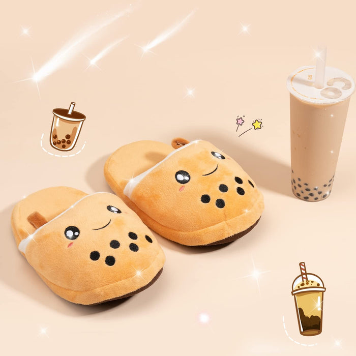 Glopastel Boba kapcie | urocze anime kawaii bubble tea puszyste wsuwane buty domowe | jeden rozmiar dla dorosłych, kobiet, mężczyzn (beżowe)