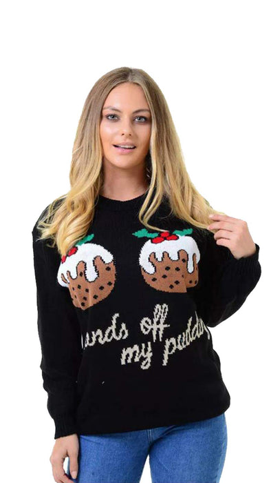 Kobiety celebryty Boże Narodzenie dzianina workowate top Hands Off My Pudding śmieszne 2 babeczki świąteczny sweter UK 8-14