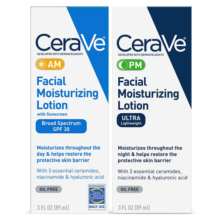 CeraVe Zestaw do pielęgnacji skóry na dzień i noc | zawiera krem nawilżający do twarzy CeraVe AM z filtrem SPF 30 i krem nawilżający do twarzy CeraVe PM | Bez zapachu