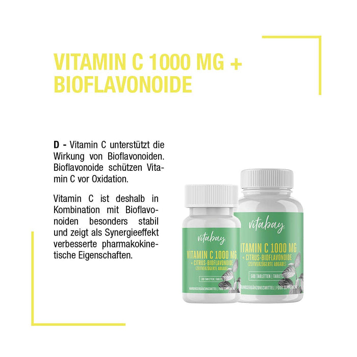 Vitabay Witamina C + bioflawonoidy 1000 mg • 250 wegańskich tabletek • opóźnione uwalnianie • działa przez cały dzień • Made in Germany
