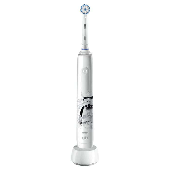 Oral-B Junior elektryczna szczoteczka do zębów dla dzieci od 6 lat, z 3 trybami czyszczenia i wizualną kontrolą docisku 360° do pielęgnacji zębów, zaprojektowana przez Braun, Star Wars, biała