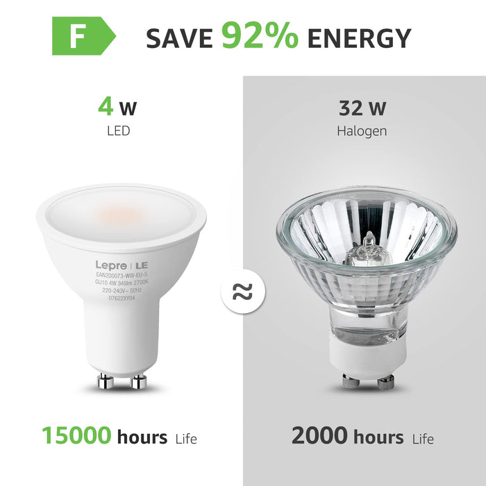LE Żarówki LED GU10, ciepła biel, żarówki LED 2700 K, 4 W, energooszczędne żarówki GU10, odpowiednik reflektora halogenowego 32 W, 345 lm, kąt świecenia 100°, nieściemnialne, AC 220-240 V, 5 sztuk