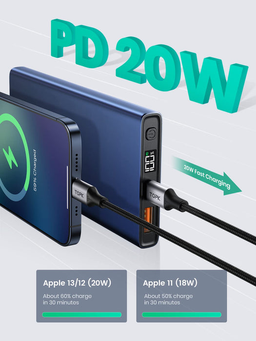 TOPK Power Bank Przenośna Ładowarka 10000 mAh USB C PD 20W , PD&QC 3.0 Szybkie ładowanie Battery Pack Kompatybilny z iPhone 13/13 Mini/13 Pro/13 Pro Max Samsung S20 Google LG iPad