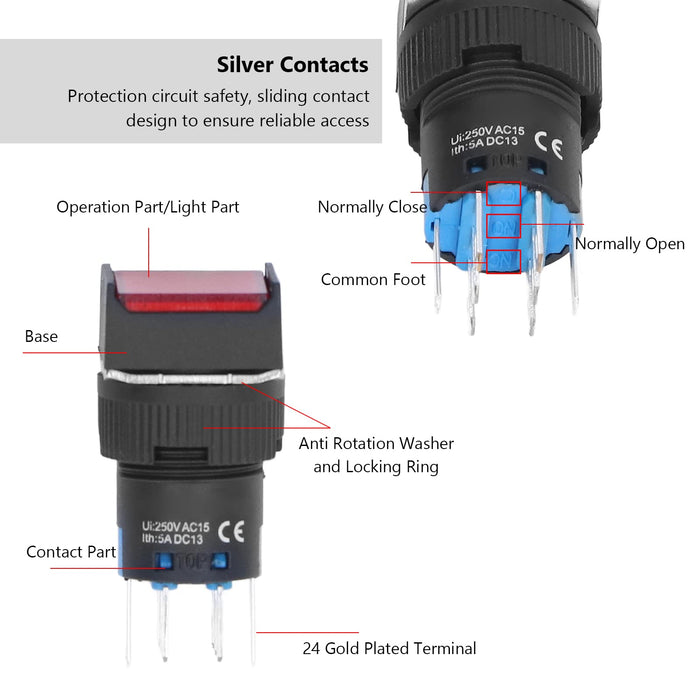 25 Sztuk Samozamykające Małe Przełączniki Zasilania Przełącznik Wciskany ze światłem 16mm Kwadrat 24V 5A do Urządzeń Automatyki Sprzęt Agd(czerwony)