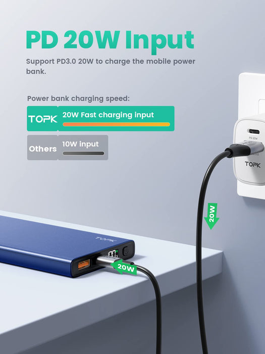 TOPK Power Bank Przenośna Ładowarka 10000 mAh USB C PD 20W , PD&QC 3.0 Szybkie ładowanie Battery Pack Kompatybilny z iPhone 13/13 Mini/13 Pro/13 Pro Max Samsung S20 Google LG iPad