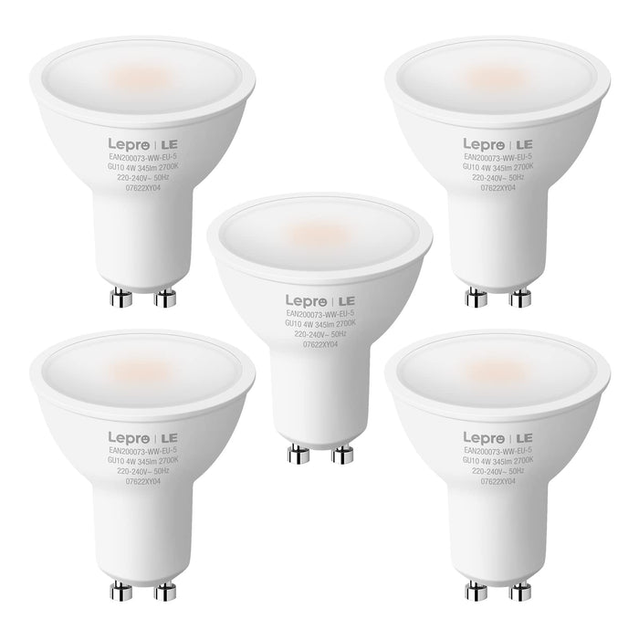 LE Żarówki LED GU10, ciepła biel, żarówki LED 2700 K, 4 W, energooszczędne żarówki GU10, odpowiednik reflektora halogenowego 32 W, 345 lm, kąt świecenia 100°, nieściemnialne, AC 220-240 V, 5 sztuk