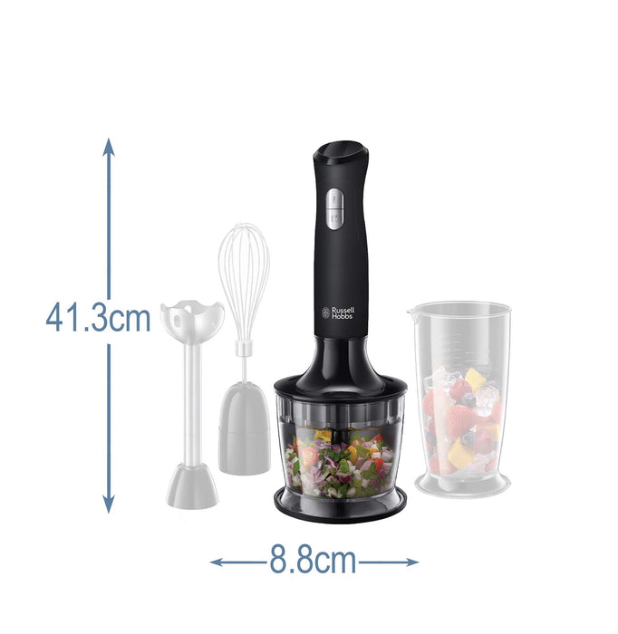 Russell Hobbs blender ręczny, 3w1, nasadka miksująca, pojemnik z ostrzem miksującym, pojemność pojemników 0,5l i 0,7l, ubijanie, mieszanie, moc 500W, czarny, Matte Black 24702-56