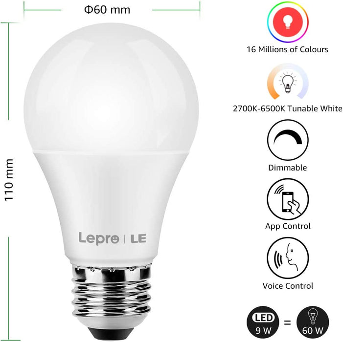 Lepro Inteligentna żarówka, WiFi, E27, WiFi, 9 W, 806 lm, inteligentne lampy przyciemniane, 2700 – 6500 K, sterowanie aplikacją kompatybilne z Alexa Echo, Google Home, 1 opakowanie