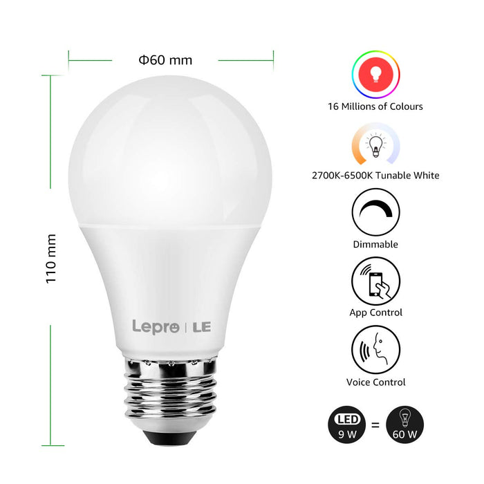 Lepro Inteligentna żarówka, WiFi, E27, WiFi, 9 W, 806 lm, inteligentne lampy przyciemniane, 2700 – 6500 K, sterowanie aplikacją kompatybilne z Alexa Echo, Google Home, 1 opakowanie
