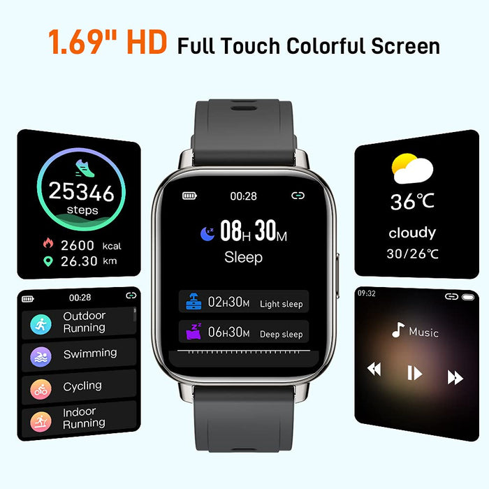 Smartwatch,1,69 Calowy Inteligentny Zegarek z Monitorowanie Tętna Monitorowanie Snu, Wodoodporny Zegarek Sportowy IP68 z Licznikiem Kroków, Zegarek Fitness na Telefony z Systemem Android iOS, Czarny