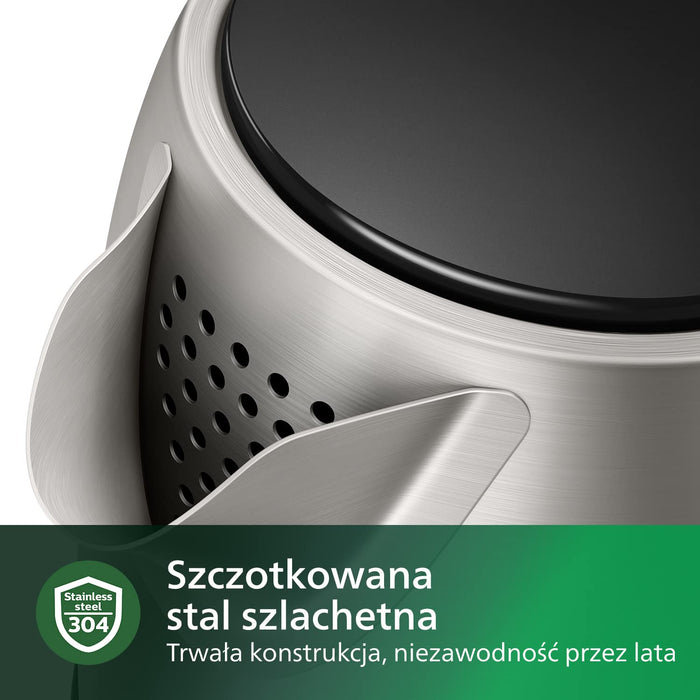 Philips Czajnik elektryczny - 1,7 l, Pokrywka z mechanizmem sprężynowym, Wskaźnik świetlny, Stal szlachetna, Obrotowa podstawa (HD9350/90)