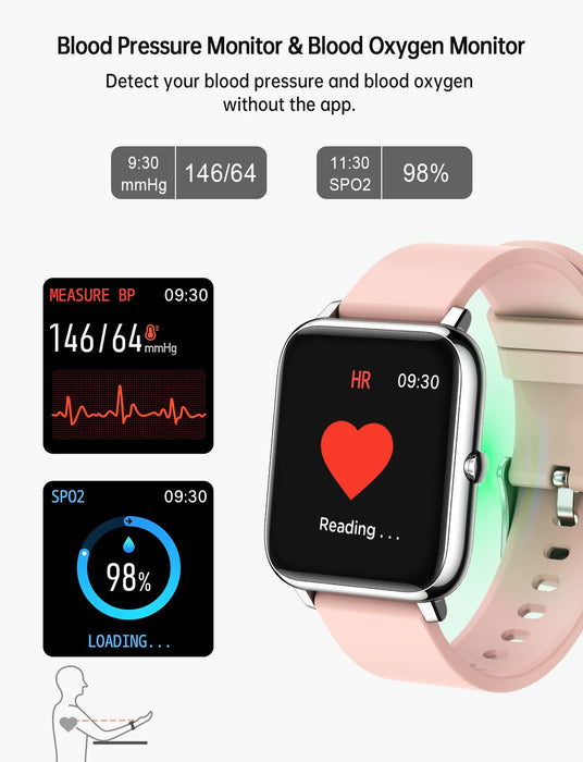 Popglory Smartwatch, Fitness Tracker, pomiar ciśnienia krwi, armband fitness, pulsometr, monitor snu, wodoszczelność IP67, zegarek sportowy, krokomierz, Android, iOS, dla kobiet, mężczyzn