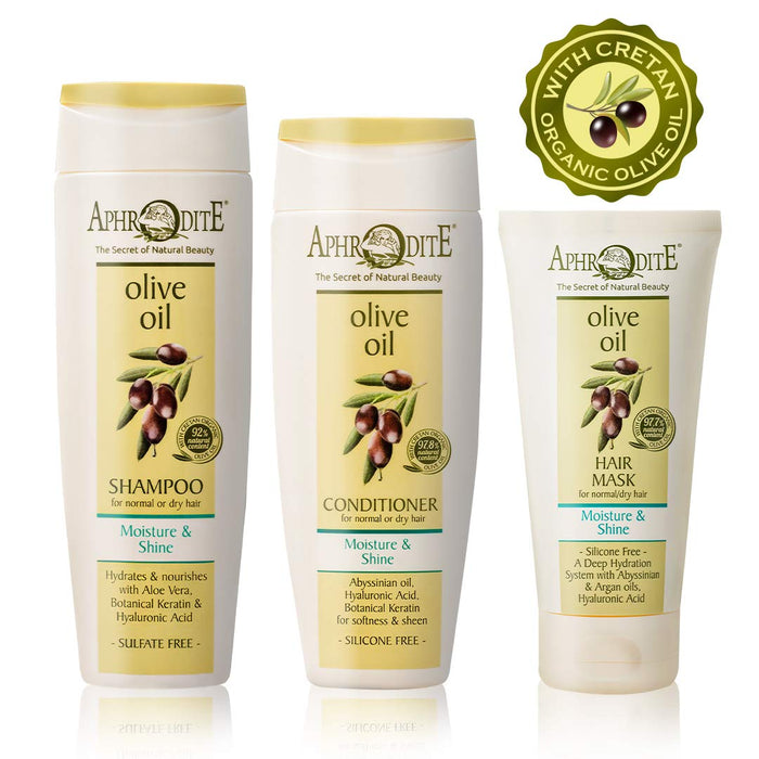 Zestaw do pielegnacji wlosów Aphrodite Moisture & Shine. Trzyczesciowy zestaw nawilzajacy do wlosów. Zawiera szampon (250 ml), odzywke (200 ml) i maske do wlosów (150 ml), aby ozywic matowe wlosy