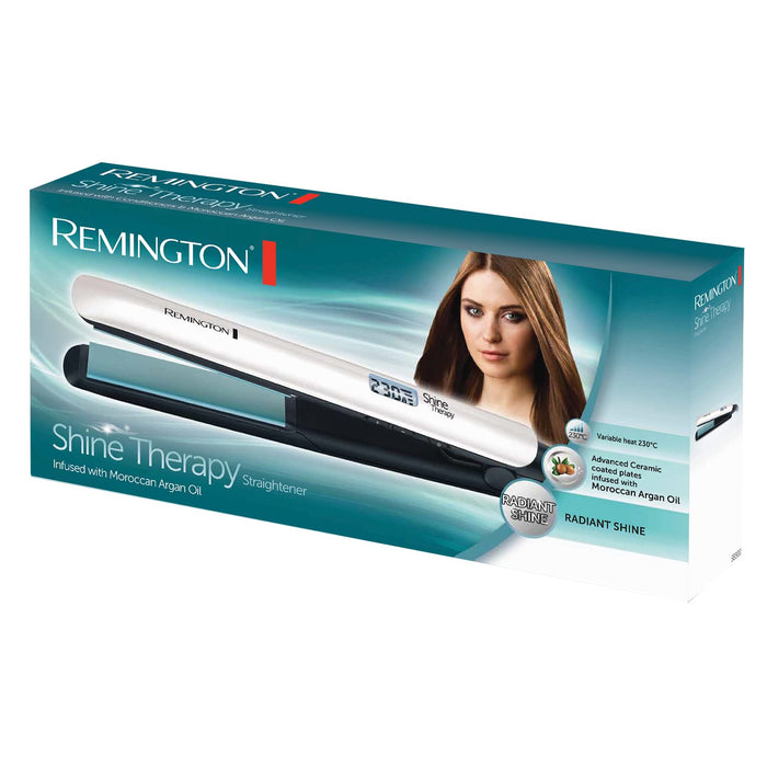 Remington prostownica do włosów, wysokiej jakości powłoka ceramiczna wzbogacona mikroskładnikami dla większego połysku, wyświetlacz LCD, 150-230°C, Shine Therapy S8500
