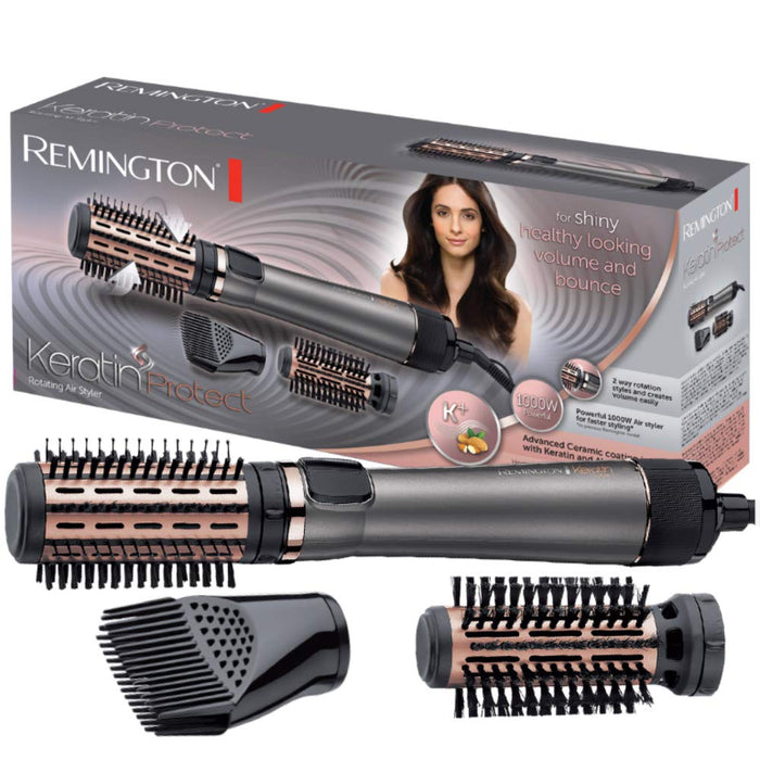 Remington suszarko-lokówka obrotowa, keratynowa z olejkiem z migdałów, 2 szczotki (40mm, 50mm) i końcówka do unoszenia włosów, zimny nawiew, moc 1000W, szara, Keratin Protect AS8810