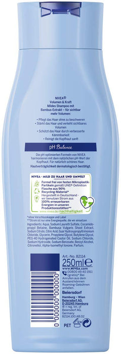 Nivea Volume & Strength łagodny szampon, 250 ml, pielęgnujący i objętościowy szampon z ekstraktem z bambusa, szampon do włosów dla widocznej większej objętości