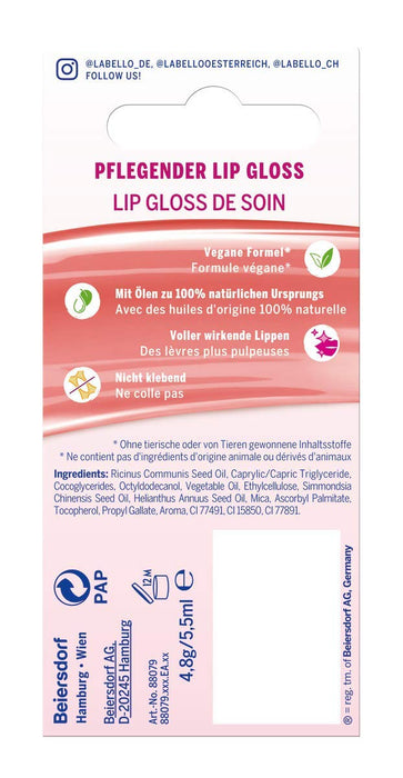 Labello Pielęgnujący błyszczyk do ust (5,5 ml) do naturalnie błyszczących ust, nawilżający olejek do ust bez olejów mineralnych, pielęgnacja ust z naturalnymi olejkami
