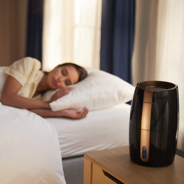 Philips Nawilżacz powietrza 2000 seria HU2718/10 – naturalne i higieniczne nawilżanie powietrza dzięki nano-cząsteczkom wody, czarny/miedziany