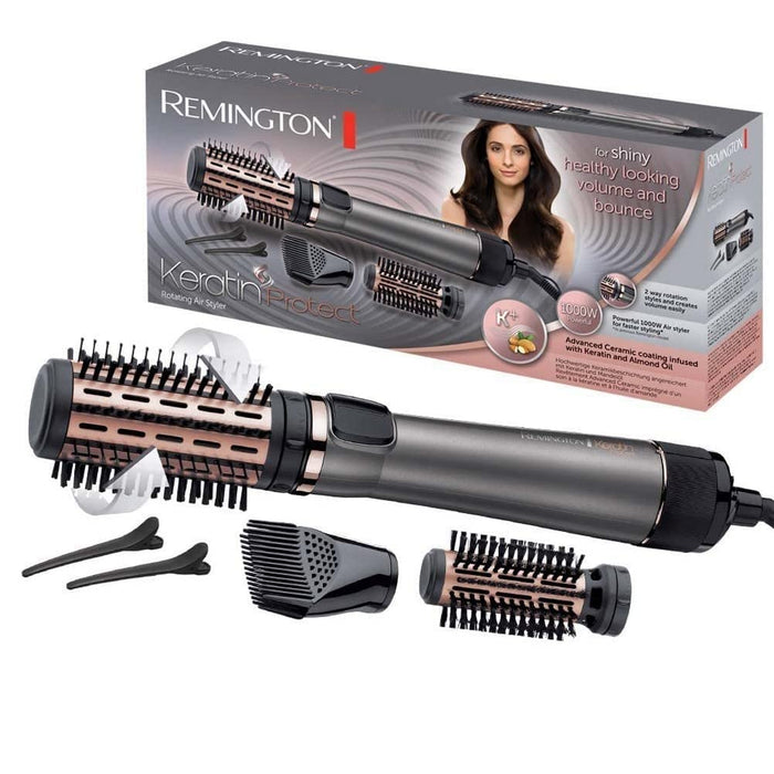 Remington suszarko-lokówka obrotowa, keratynowa z olejkiem z migdałów, 2 szczotki, 2 klipsy do włosów i końcówka do unoszenia włosów, zimny nawiew, moc 1000W, Keratin Protect AS8811