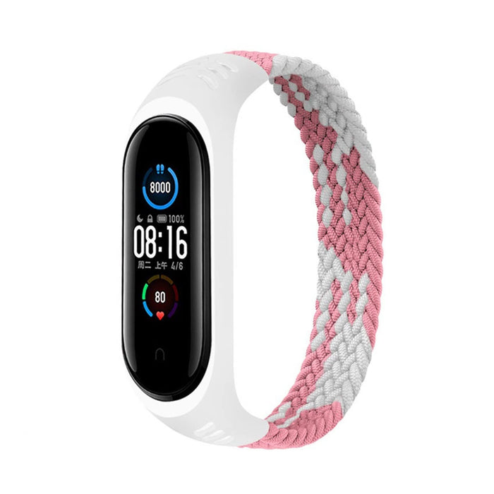 JJB Bransoletka kompatybilna z paskiem Mi Band 5, nylonowa, pleciona bransoletka Solo Loop Pulseira, Miband4 Miband5, opaska na nadgarstek, kompatybilna z paskiem Mi Band 4, 3, 6, kolor paska: Różowo-biały), różowy biały