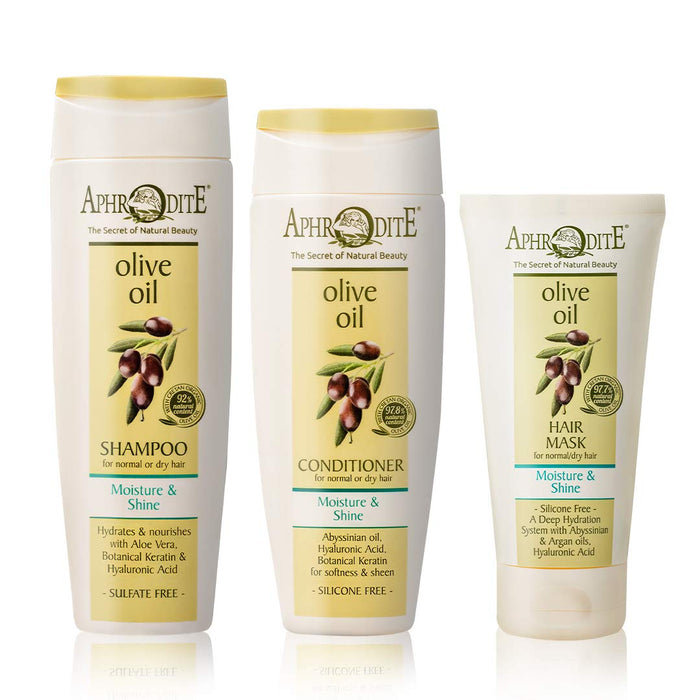 Zestaw do pielegnacji wlosów Aphrodite Moisture & Shine. Trzyczesciowy zestaw nawilzajacy do wlosów. Zawiera szampon (250 ml), odzywke (200 ml) i maske do wlosów (150 ml), aby ozywic matowe wlosy