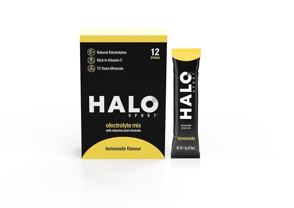 HALO Sport - Lemonada - wegańska i niskokaloryczna, saszetki w proszku do napojów elektrolitowych - suplement diety, bogata w witaminę C, pełne nawodnienie - 12 x saszetki
