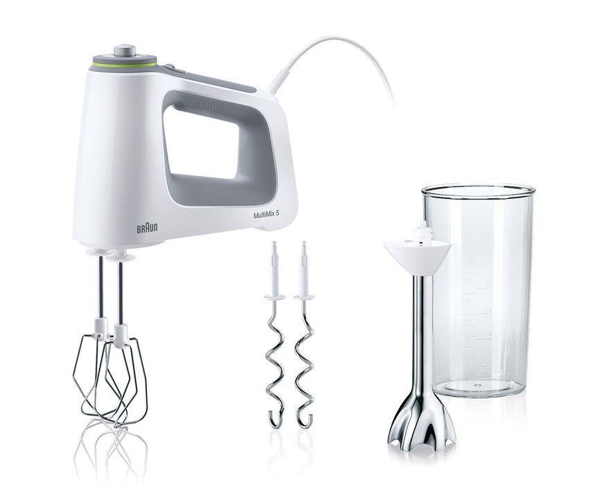 Braun MultiMix 5 HM 5107 mikser ręczny - mikser ręczny z bezstopniową regulacją prędkości, 750 W, w zestawie trzepaczka, hak do zagniatania, blender i kubek do mieszania i miarki 600 ml, biały/szary