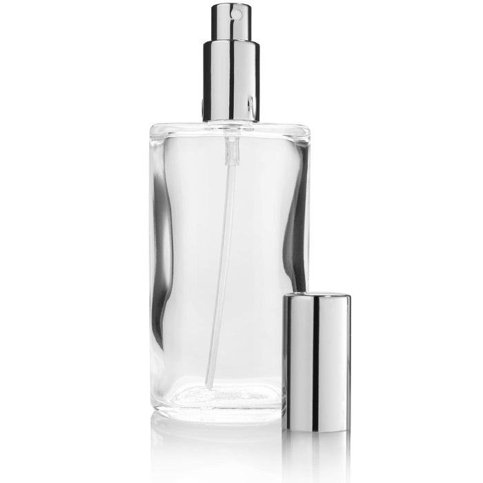 Fantasia Perfumy Flakon pusty z pompką rozpylającą owalna butelka ze szkła przezroczystego do samodzielnego napełniania atomizerem i zatyczką do wielokrotnego napełniania, kolor srebrny, 100 ml