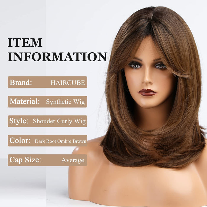 HAIRCUBE Peruka damska, kręcone, ciemne korzeń, ombre, brązowa, syntetyczna peruka dla kobiet, ze środkowymi częściami, naturalne falowane włosy, modne peruki do cosplay, codzienne, damska
