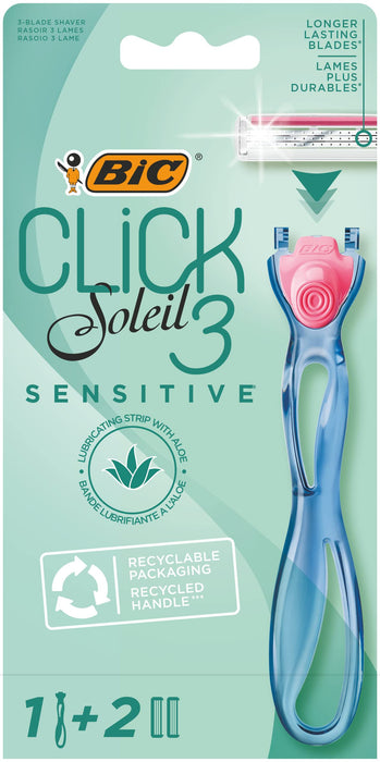 Bic Click 3 Soleil Sensitive damska maszynka do wielokrotnego napełniania, 30% plastikowy uchwyt z recyklingu i wkłady z 3 ostrzami - pudełko 1 + 2 szt