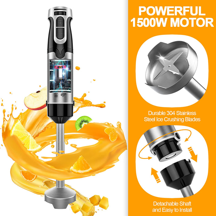 Blender ręczny 9 w 1 1500 W + TURBO mikser ręczny zestaw 304 blender ręczny stal szlachetna zwycięzca testu mikser wielofunkcyjny 4 ostrza ze stali szlachetnej łatwy w obsłudze, nie zawiera BPA