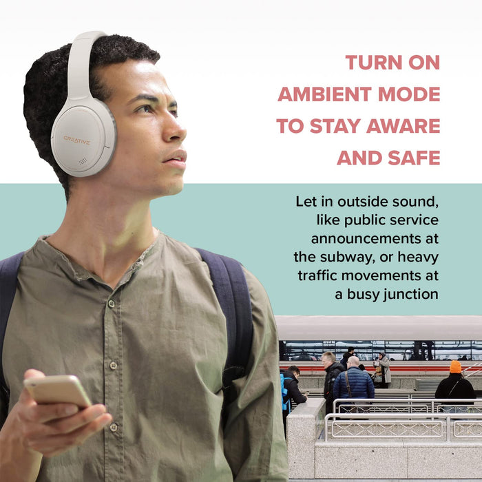 CREATIVE Bezprzewodowe słuchawki nauszne Zen z hybrydową aktywną redukcją szumów, trybem ambientowym, do 27 godzin (ANC ON), Bluetooth 5.0, AAC, wbudowany mikrofon, biały, EF1010