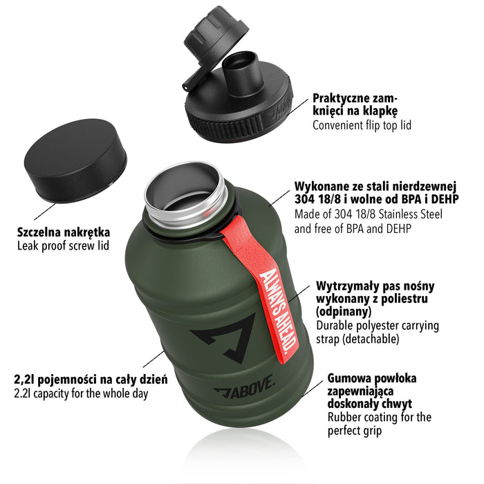 ABOVE. Butelka do picia ze stali nierdzewnej 1.3L - 2.2L, 2 zamknięcia do picia, 100% wolna od BPA, nadaje się do napojów gazowanych, szczelna Water Jug do sportu i camping (2.2L, Zielony)