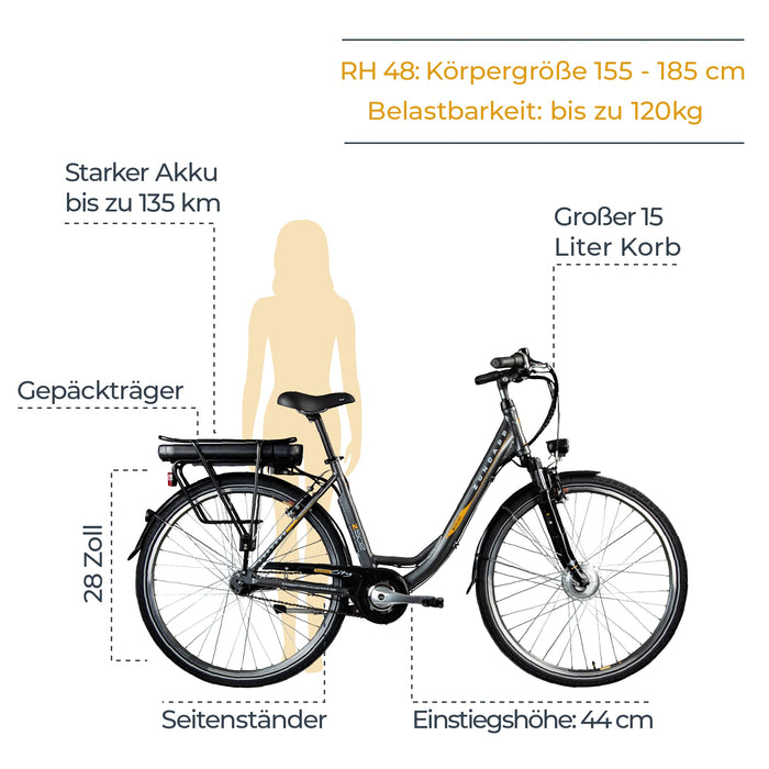 ZÜNDAPP Z502 damski rower elektryczny z hamulcem nożnym, 155 – 185 cm, z 7-biegową przerzutką w piaście, 28 cali, ze światłem rowerowym, pedelec miejski