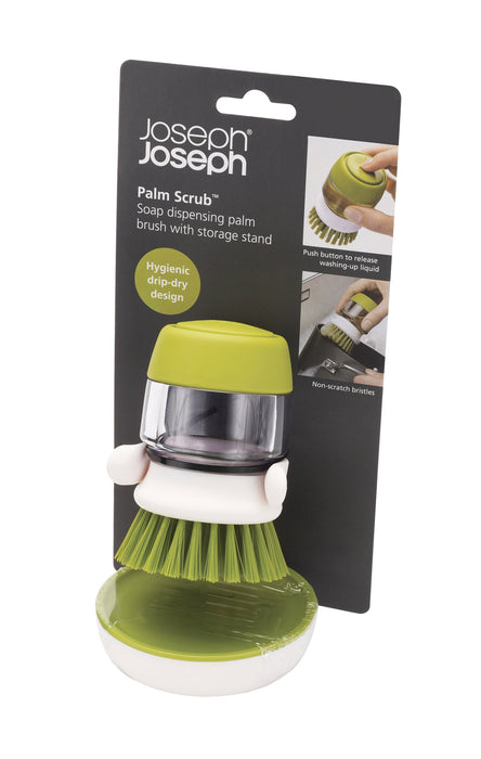 Joseph Joseph 85004 Palm Scrub - szczotka do mycia ze zintegrowanym dozownikiem płynu do mycia naczyń, ze stojakiem - zielona, 8,8 x 9,5 x 13,5 cm