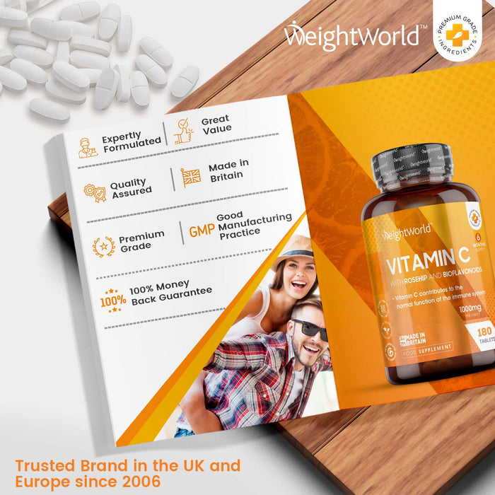 Tabletki z witaminą C – 180 wegańskich tabletek na 6 miesięcy – czysta witamina C 1000 mg na tabletkę – z bioflawonoidami i 20 mg dzikiej róży – kwas askorbinowy z fermentacji roślinnej – od WeightWorld