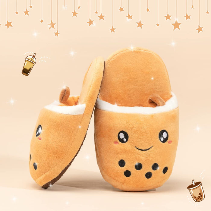 Glopastel Boba kapcie | urocze anime kawaii bubble tea puszyste wsuwane buty domowe | jeden rozmiar dla dorosłych, kobiet, mężczyzn (beżowe)
