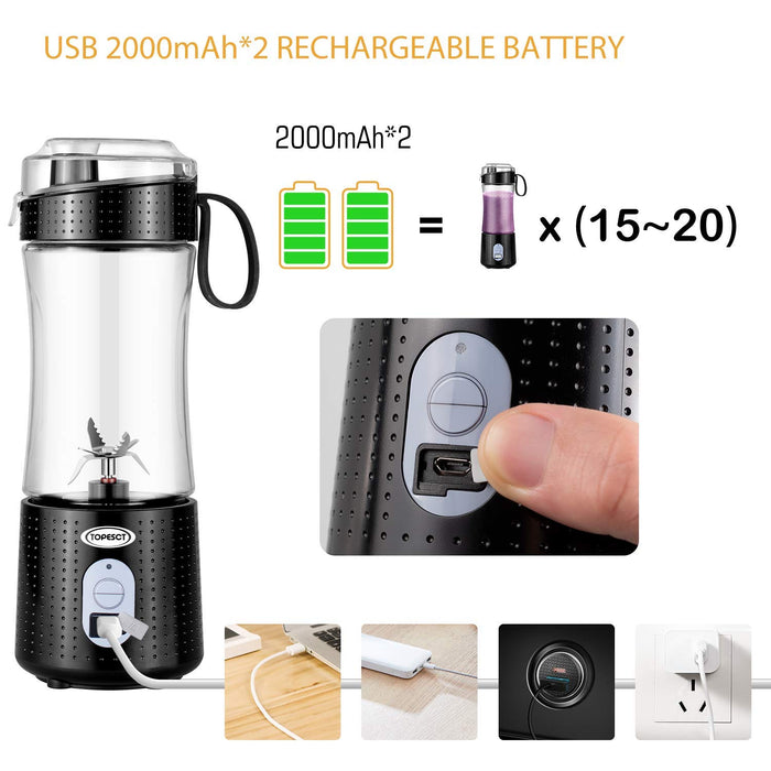 TOPESCT przenośny blender, osobisty mikser owoców ładowalny z USB, mini blender do smoothie, sok owocowy, koktajle mleczne 380 ml, sześć łopatek 3D do doskonałego mieszania (czarne)