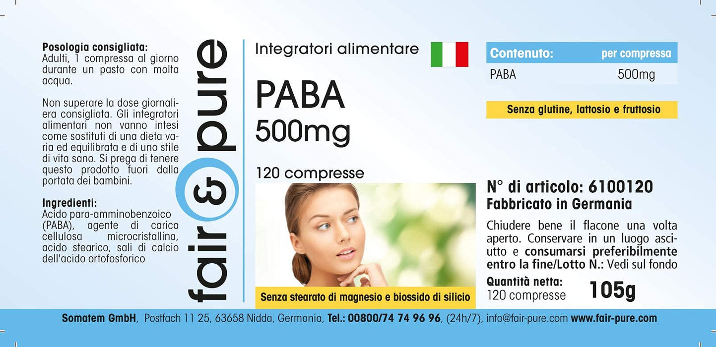 PABA 500mg - kwas para-aminobenzoesowy - witamina B10 - wegański - bez stearynianu magnezu - 120 tabletek PABA