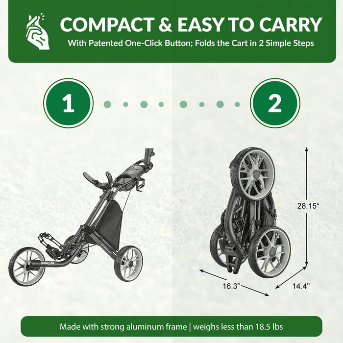CaddyTek Wózek golfowy z 3 kołami – składany lekki wózek z hamulcem nożnym – łatwy do otwierania i zamykania