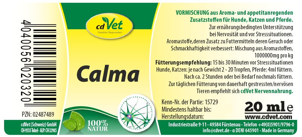 cdVet Naturalne produkty Calma 20 ml – pies, kot, koń – suplement pokarmu uzupełniającego – nerwowość – stres – napięcie – emocjonalne + obciążenie fizyczne – wsparcie – regulacja komfortu –