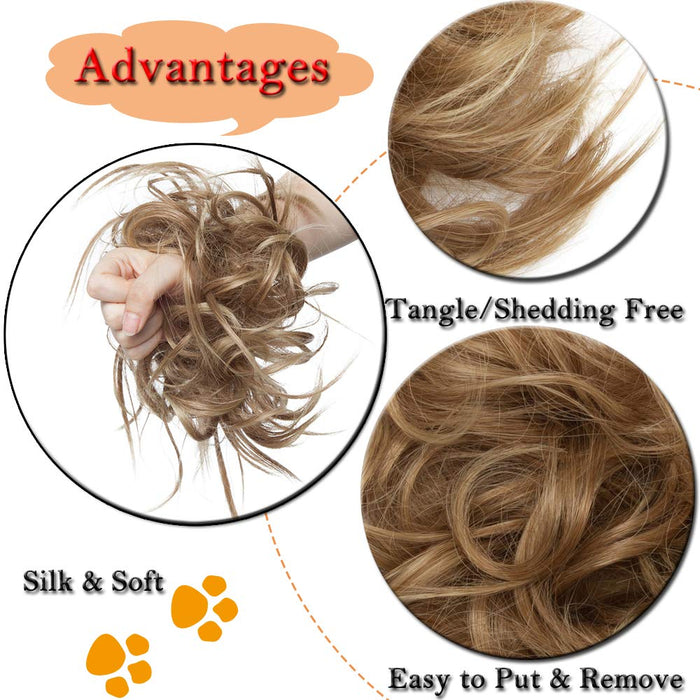 Updos Tousled Hair Extensions niechlujne kręcone gumki do włosów kok, przedłużanie włosów, elastyczna treska, natychmiastowy kucyk, peruka, falowana, jasnobrązowa i popielaty blond