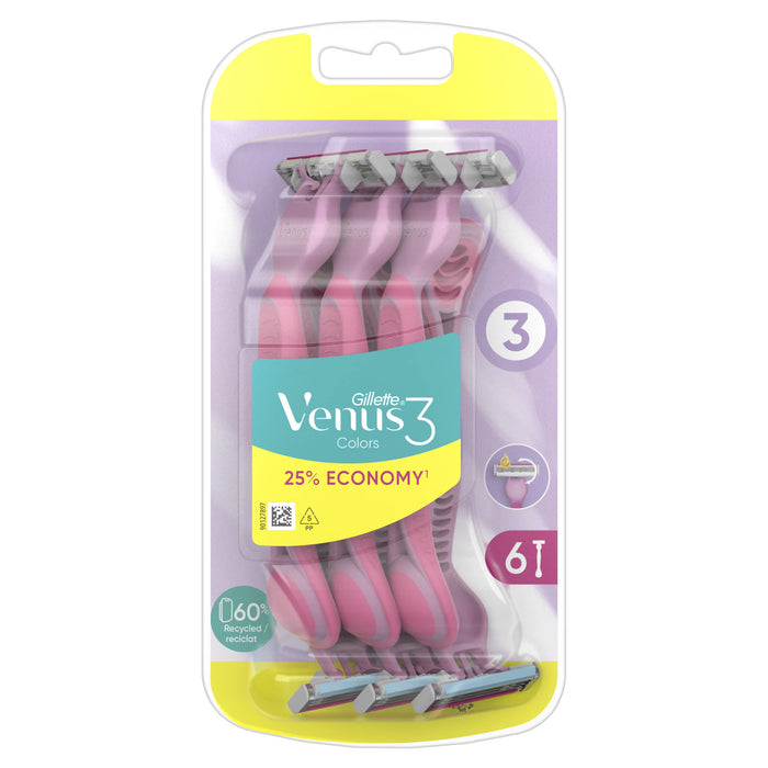 Gillette Venus 3 Maszynki Jednorazowedo Golenia dla Kobiet (6 Sztuk), Kolorowe Maszynki z 3 Ostrzami i Paskiem Nawilżającym