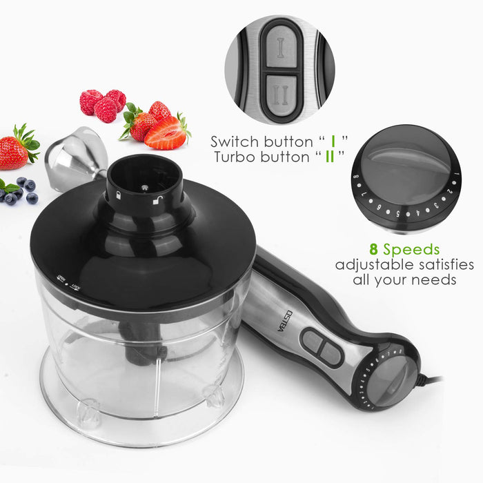 OSTBA Mikser Elektryczny 4-w-1 Blender Elektryczny z 700 ml Kubek Pomiarowy, 700 ml Siekacz, Trzepaczka ze Stali Nierdzewnej, 8 Prędkości Blender Ręczny z Funkcją Turbo do Żywności Dla Dzieci, Zupy, BPA Free, 400 W.