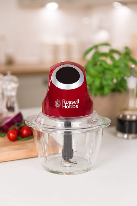 Russell Hobbs rozdrabniacz do warzyw, funkcja rozdrabniania, dwuskrzydłowe ostrza, ostrza ze stali nierdzewnej, szklany pojemnik, pojemność 0,5l, moc 200W, czerwony, Desire 24660-56