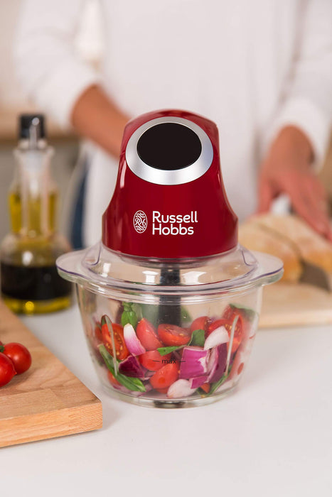 Russell Hobbs rozdrabniacz do warzyw, funkcja rozdrabniania, dwuskrzydłowe ostrza, ostrza ze stali nierdzewnej, szklany pojemnik, pojemność 0,5l, moc 200W, czerwony, Desire 24660-56